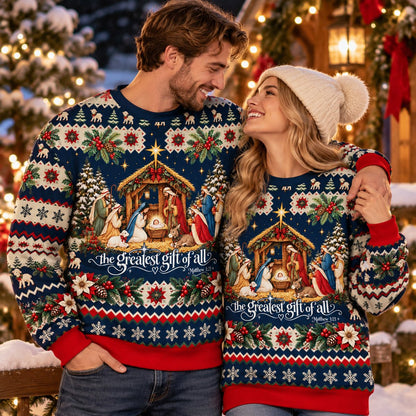 Lifestyle image of the faith and nativity ugly sweater in red