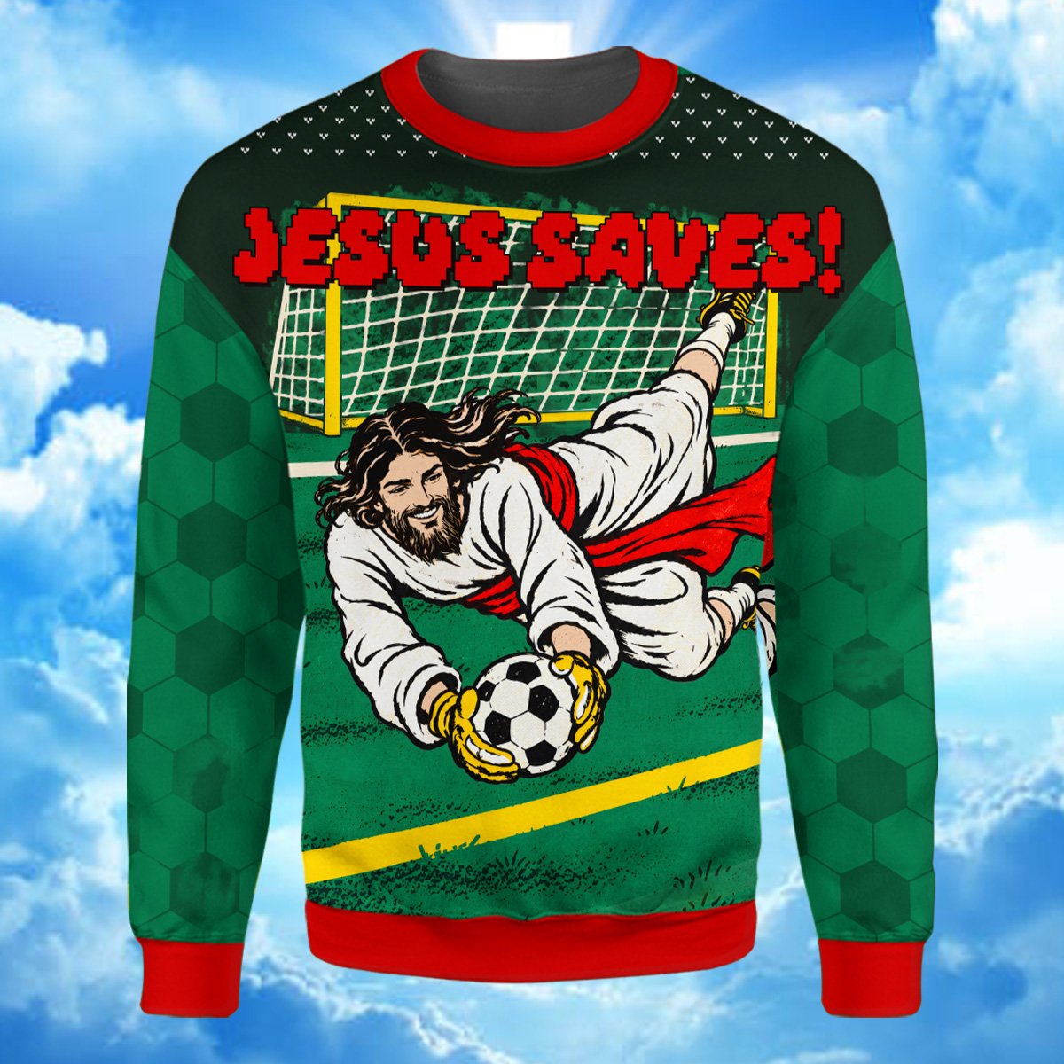 Front flat lay of the green christmas ugly sweater