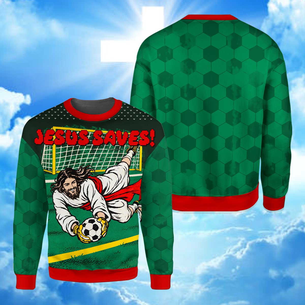 Close up front detail of the Jesus Saves soccer text on the ugly sweater