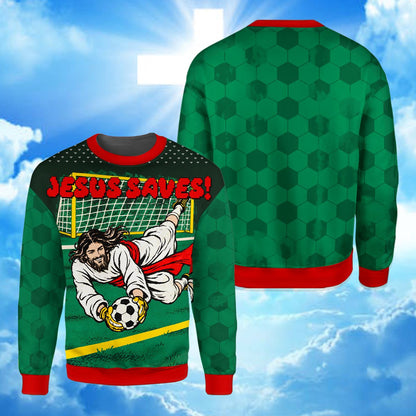 Close up front detail of the Jesus Saves soccer text on the ugly sweater