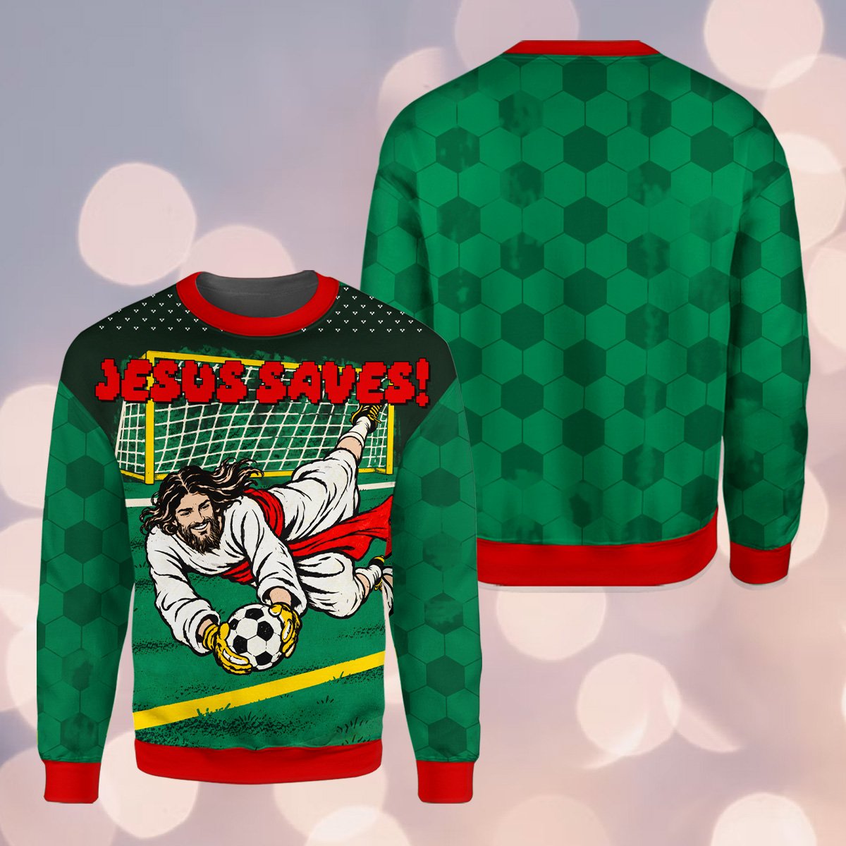 Main view of geometric ugly sweater featuring Jesus as a soccer goalie