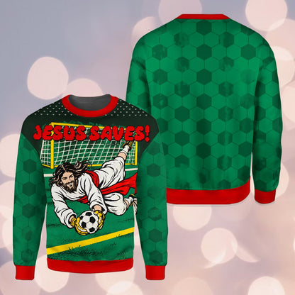 Front view of green faith ugly sweater with Jesus Saves design