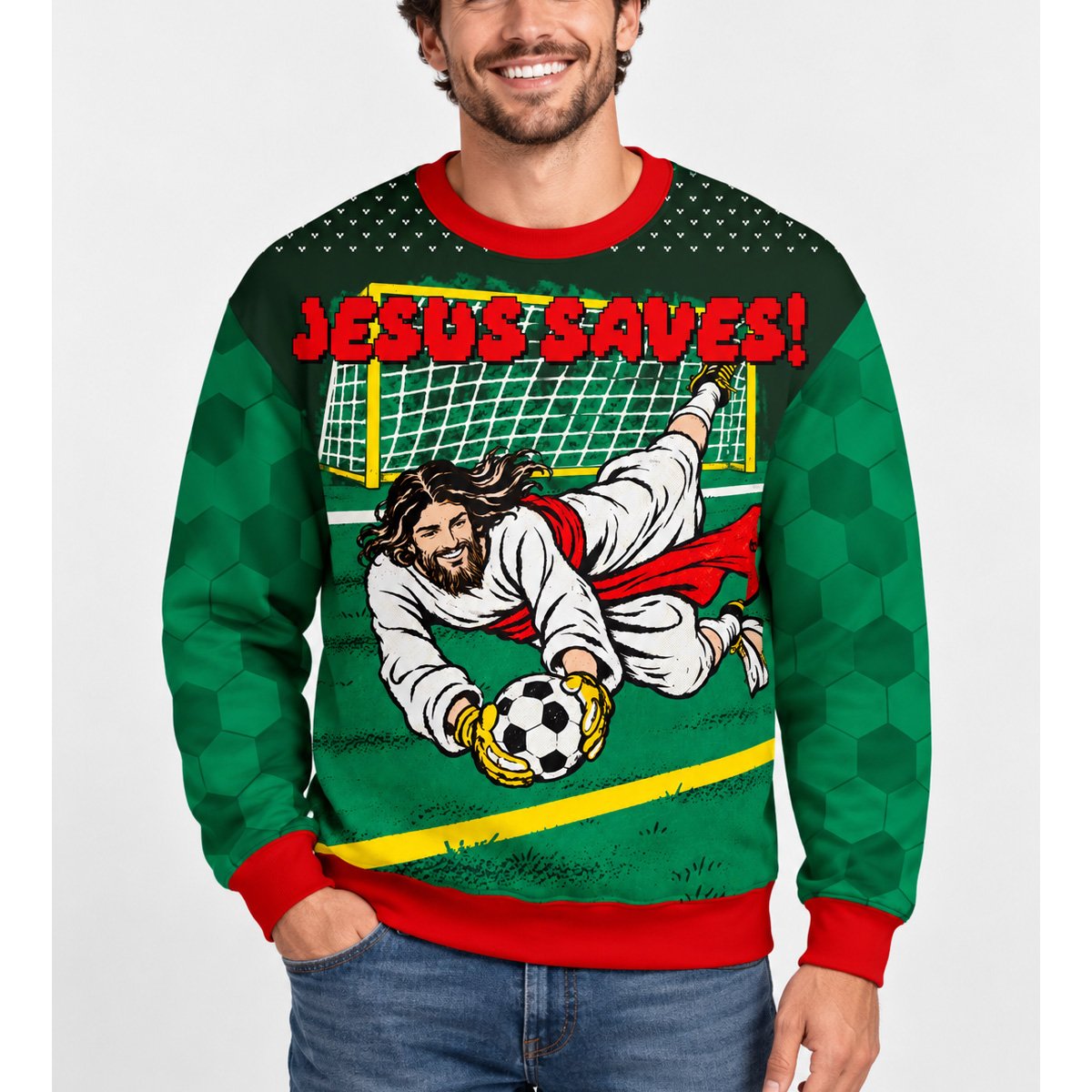 Another lifestyle view of someone wearing the green faith ugly sweater