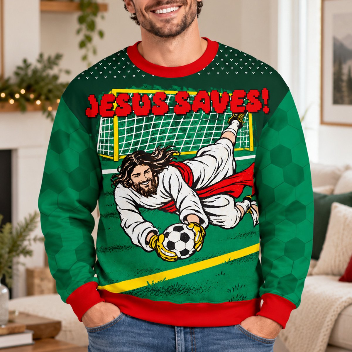 Lifestyle view of a person wearing the Jesus Saves ugly sweater