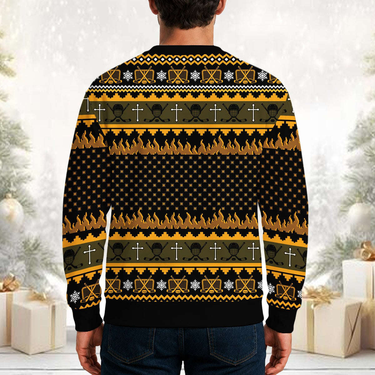 Back view of the Jesus Saves hockey ugly sweater