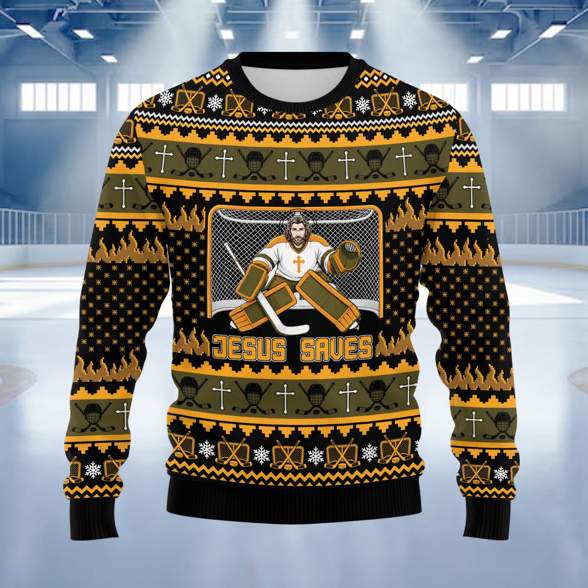 Detailed front view of the Jesus Saves hockey holiday ugly sweater