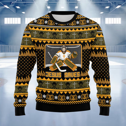 Detailed front view of the Jesus Saves hockey holiday ugly sweater