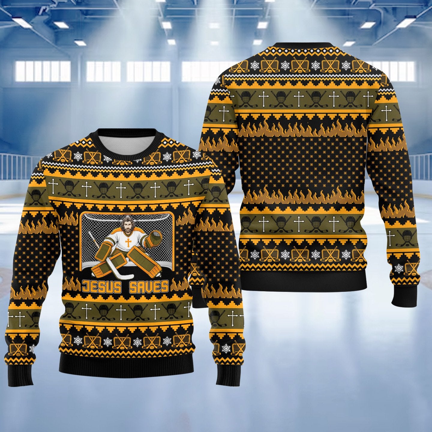 Close-up front view of the all-over print hockey sweater