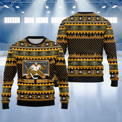 Close-up front view of the all-over print hockey sweater