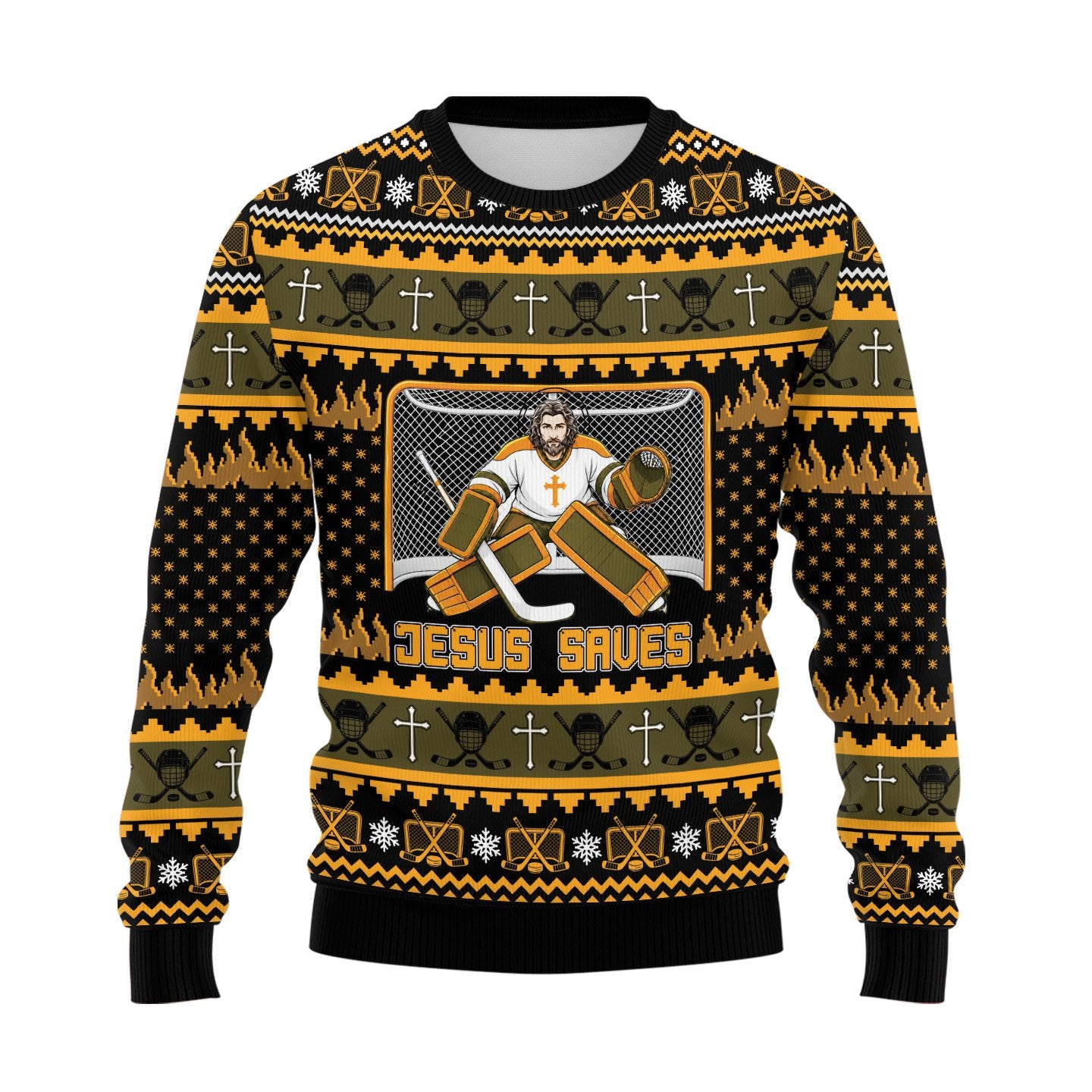 Front design details of the Christmas hockey ugly sweater