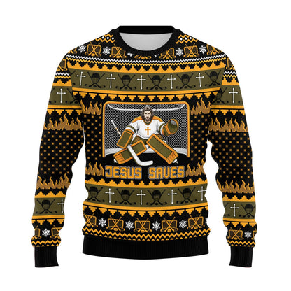 Front design details of the Christmas hockey ugly sweater