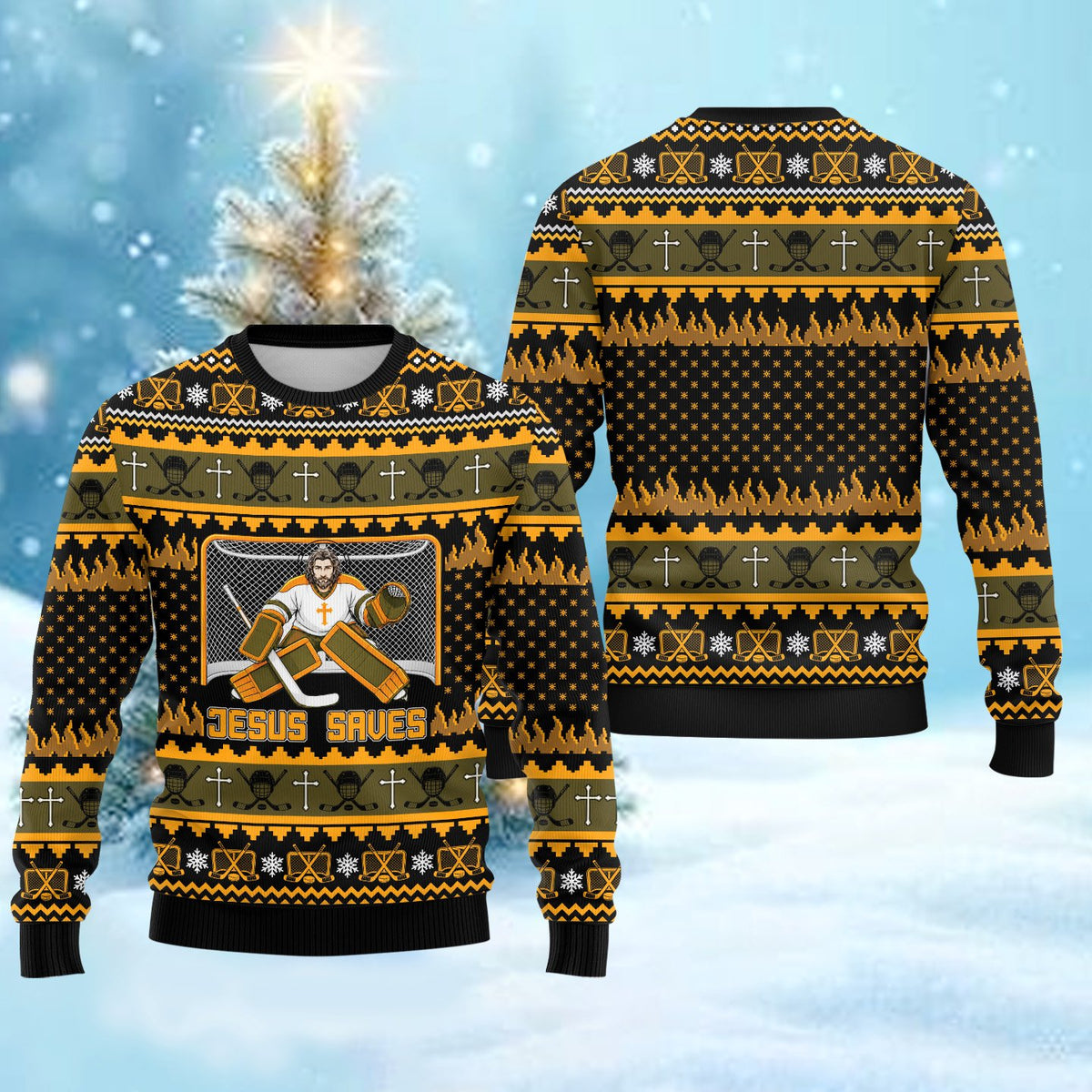 Jesus Saves hockey goalie ugly sweater in black, yellow, and orange, front view