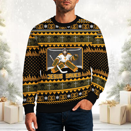 Lifestyle shot of someone wearing the black and yellow hockey ugly sweater