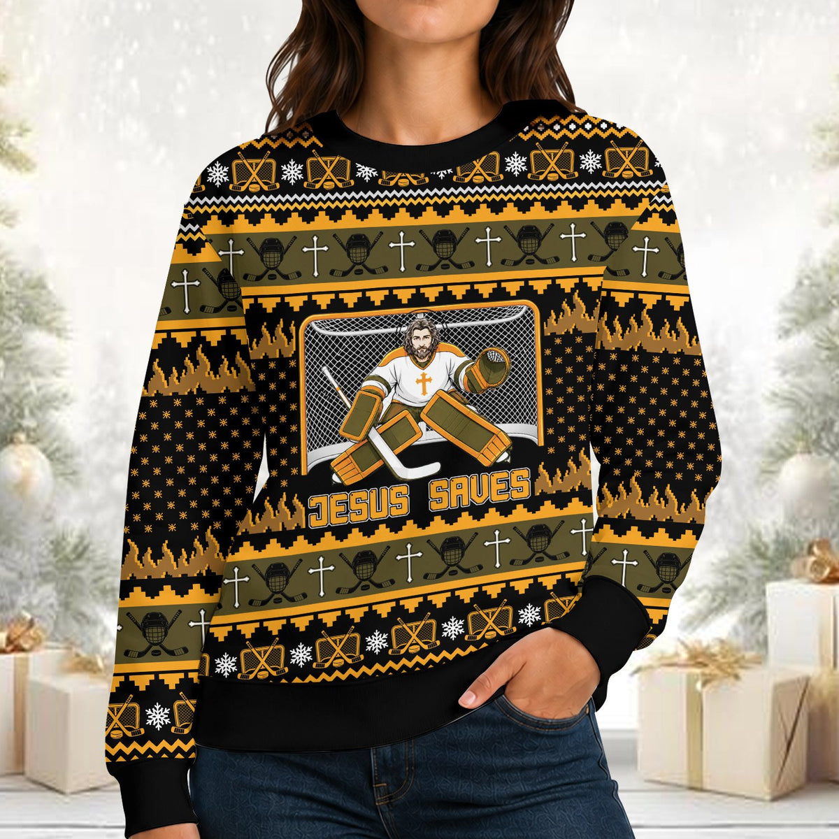 Person wearing the Jesus Saves faith hockey ugly sweater