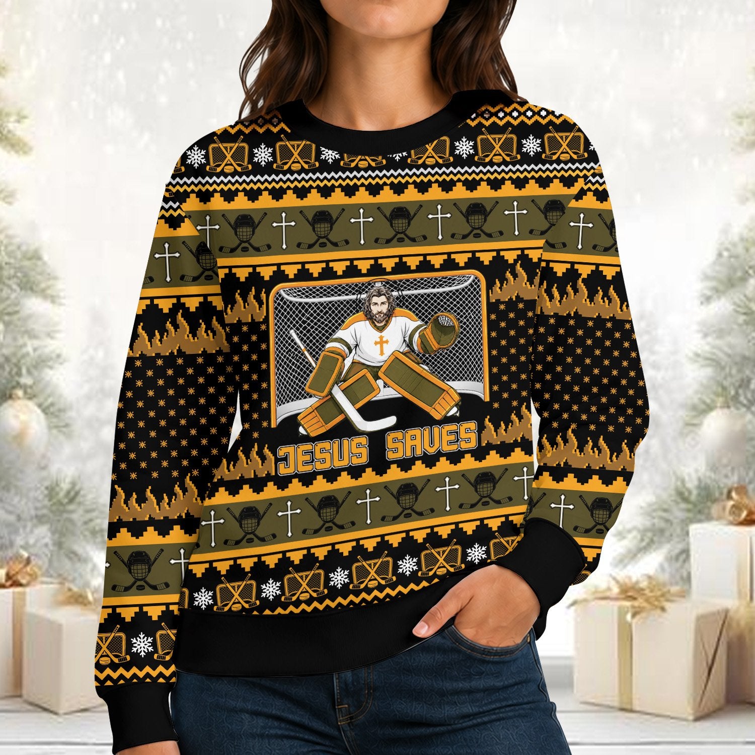 Person wearing the Jesus Saves faith hockey ugly sweater
