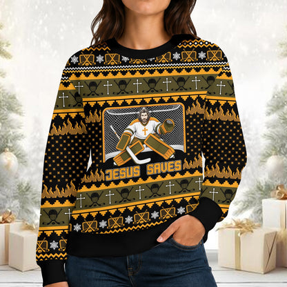 Person wearing the Jesus Saves faith hockey ugly sweater