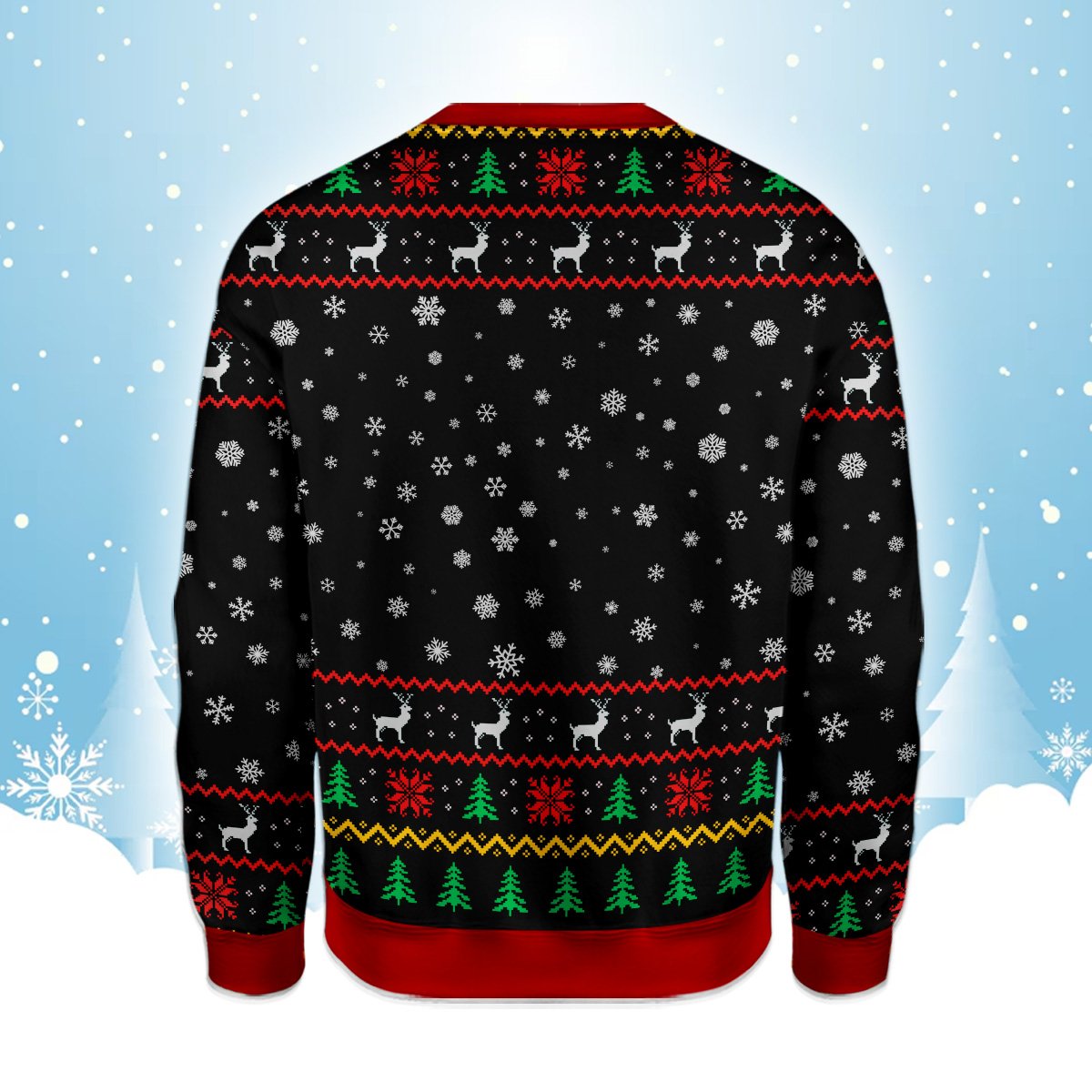 Alternative back view of the black holiday ugly sweater