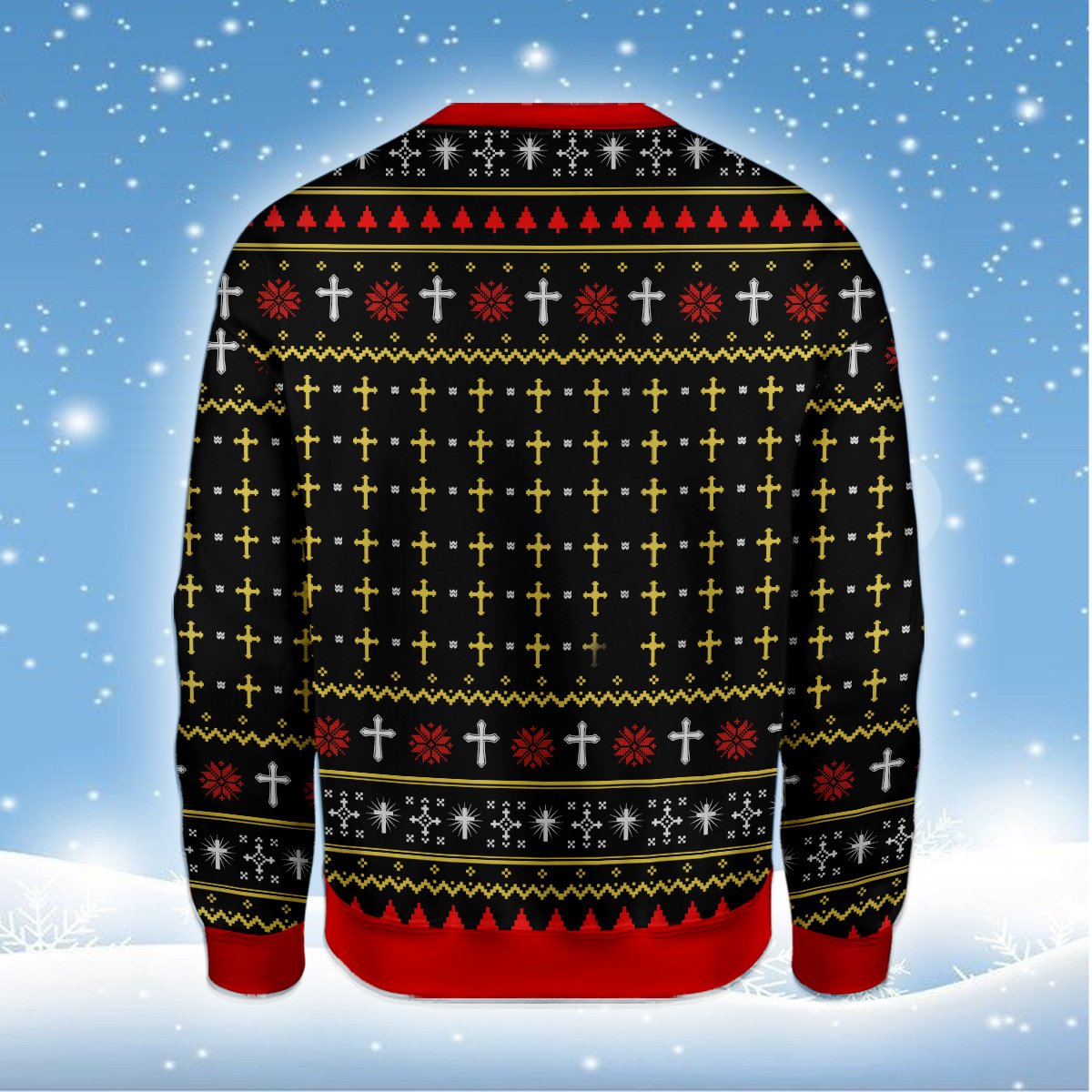 Back view showing traditional fair isle pattern on holiday sweater