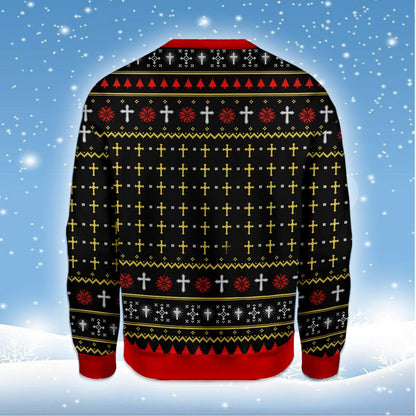 Back view showing traditional fair isle pattern on holiday sweater