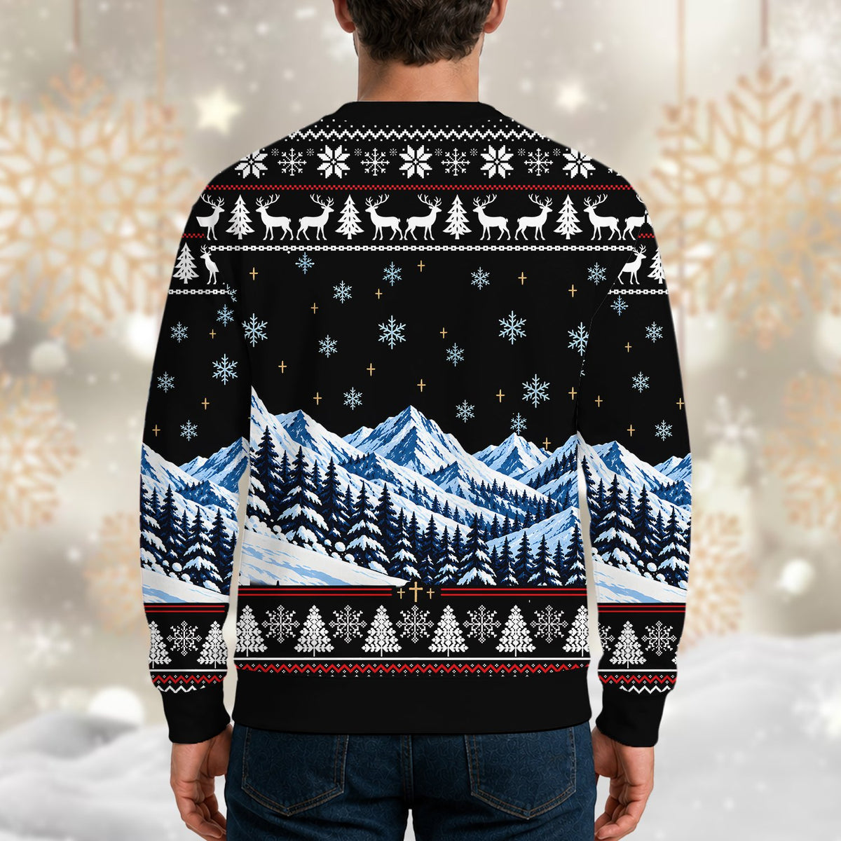 Back view of the black faith ugly sweater with fair isle pattern