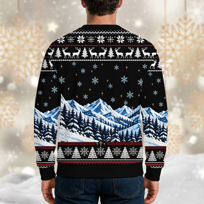 Back view of the black faith ugly sweater with fair isle pattern