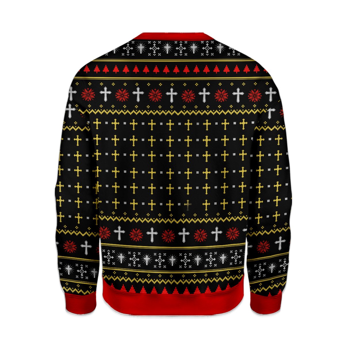 Back view of the black faith humor ugly sweater