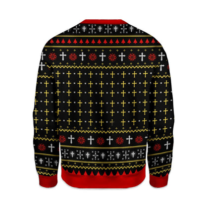 Back view of the black faith humor ugly sweater