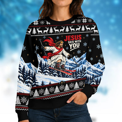 Humorous Jesus Skis With You ugly sweater, front view 2