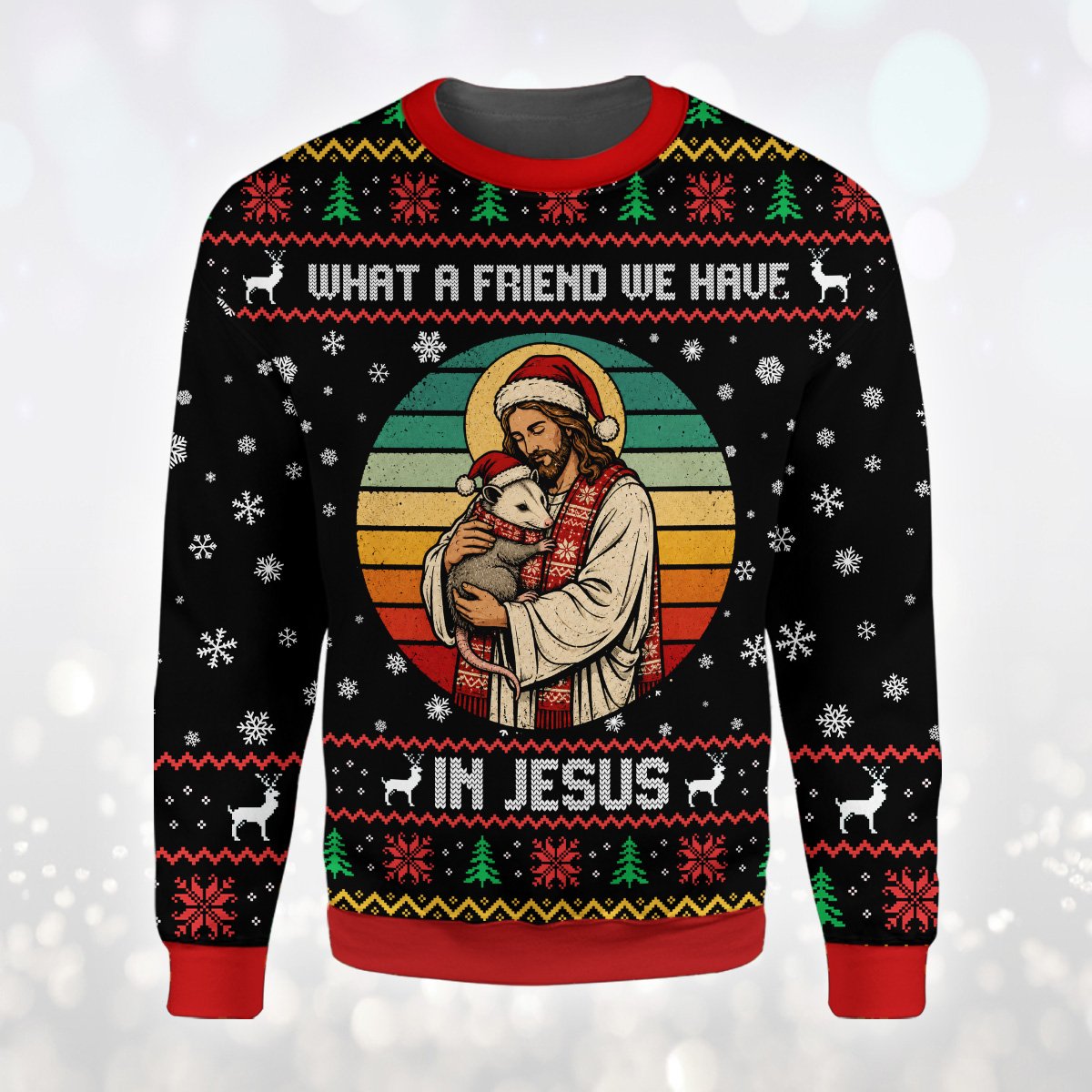 Detailed front view of the holiday ugly sweater highlighting the Santa hats and reindeer motifs