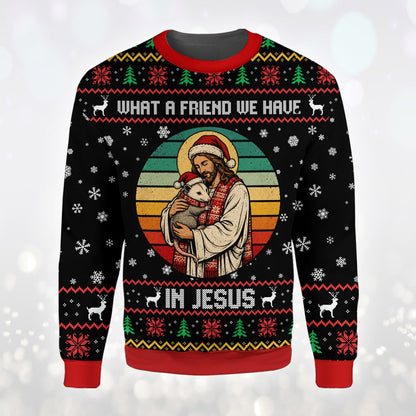 Detailed front view of the holiday ugly sweater highlighting the Santa hats and reindeer motifs