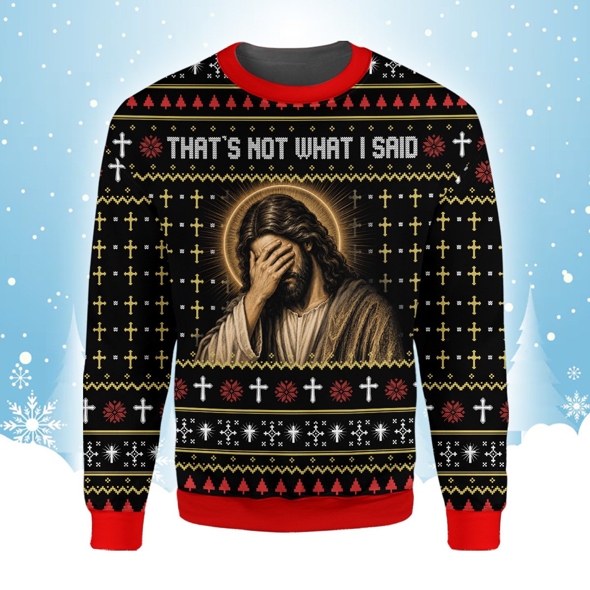 Front view of adult humor ugly christmas sweater