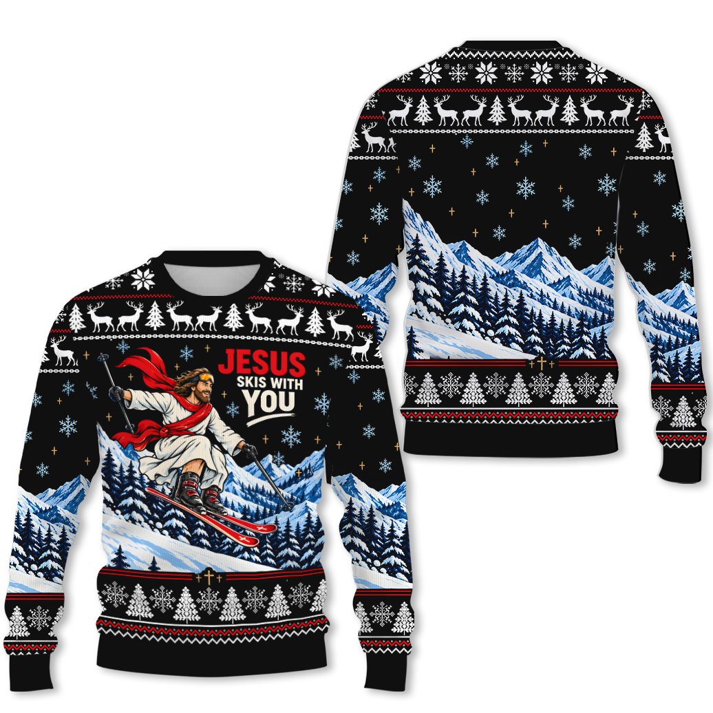 Humorous Jesus Skis With You ugly sweater, front view 3
