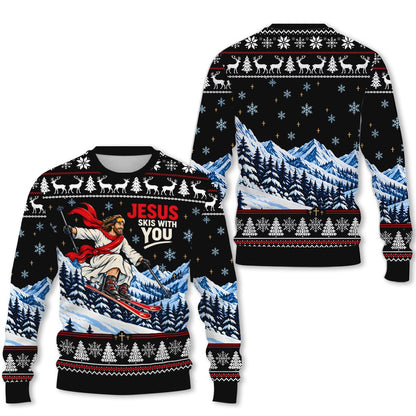 Humorous Jesus Skis With You ugly sweater, front view 3