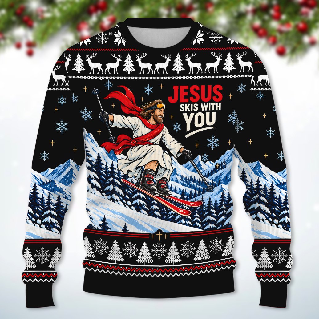 Humorous Jesus Skis With You ugly sweater, front view 4