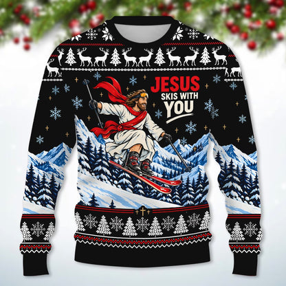 Humorous Jesus Skis With You ugly sweater, front view 4