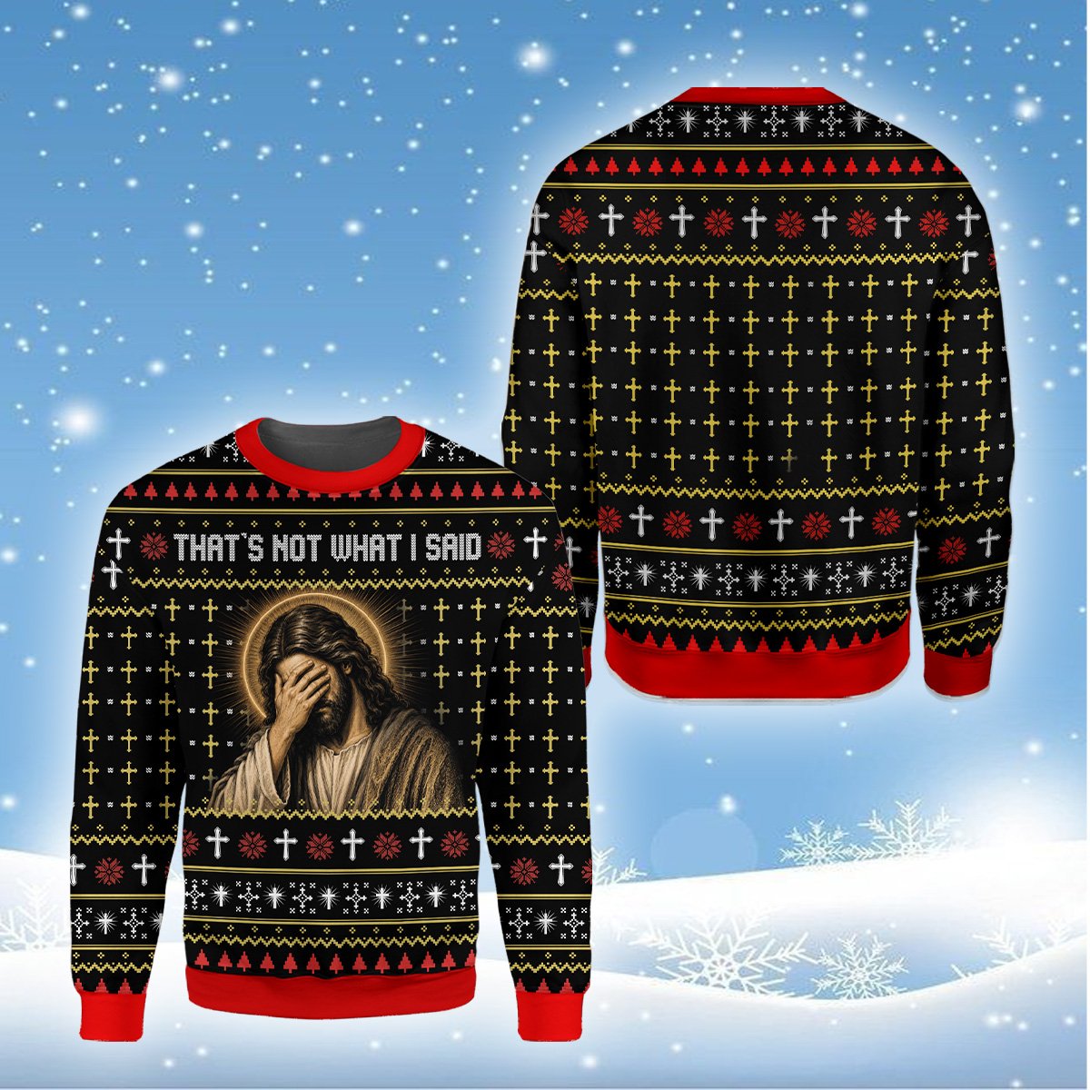 Front view of black faith ugly sweater with traditional fair isle style