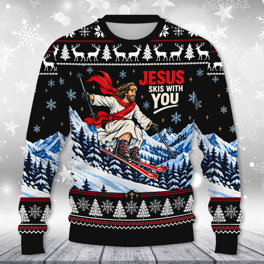 Humorous Jesus Skis With You ugly sweater, front view 5