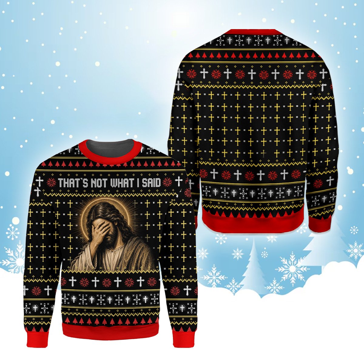 Another front view of the facepalming Jesus holiday sweater