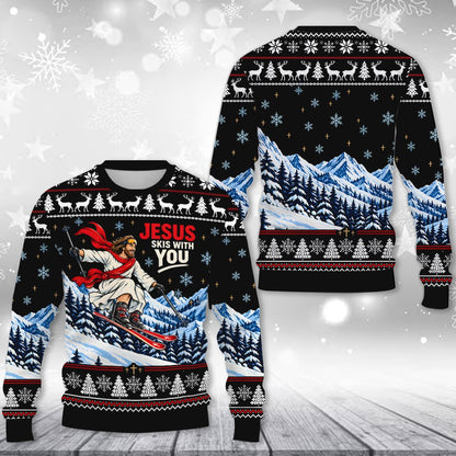 Humorous Jesus Skis With You ugly sweater, front view 6