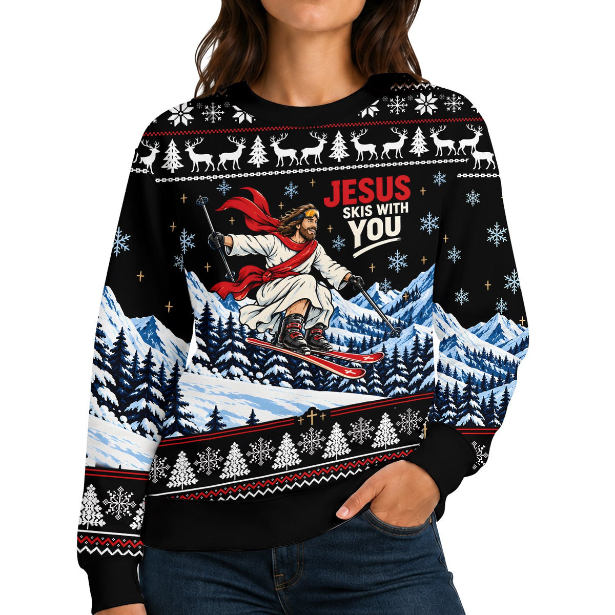 Humorous Jesus Skis With You ugly sweater, front view 7