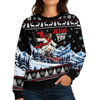 Humorous Jesus Skis With You ugly sweater, front view 7