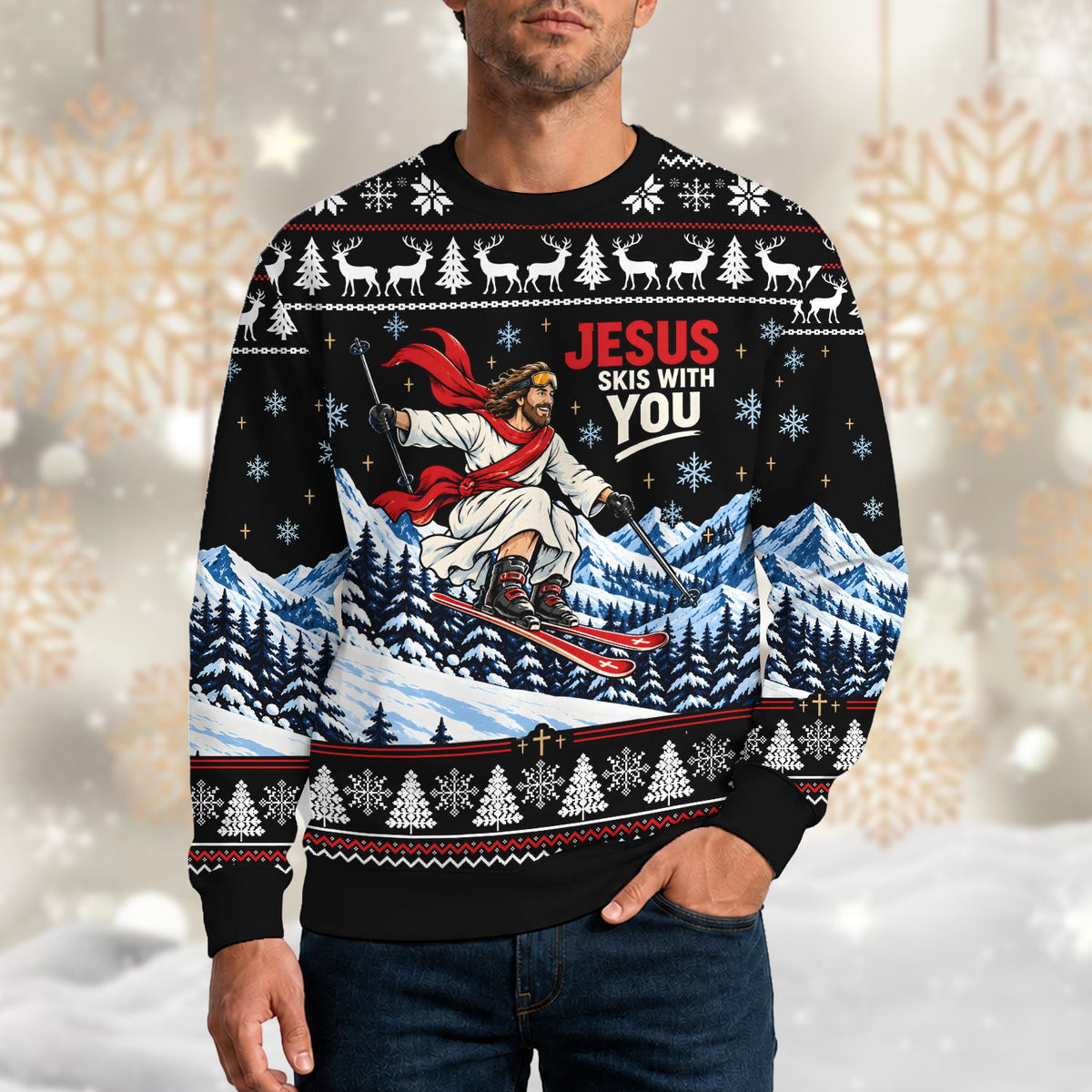 Black faith ugly sweater with fair isle pattern, front flat view