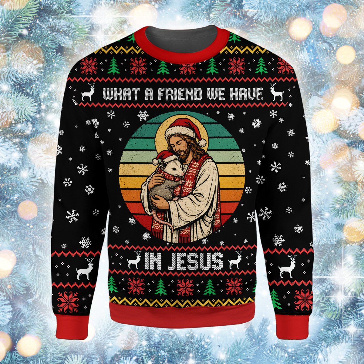 Alternative main view of the black ugly christmas sweater with Jesus holding an opossum