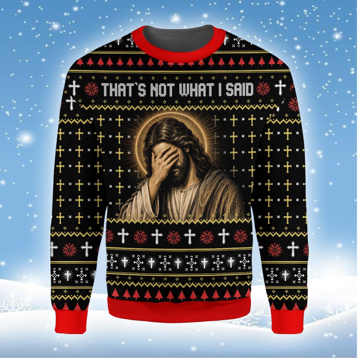 Dark humor ugly christmas sweater featuring facepalming Jesus design on black, front view