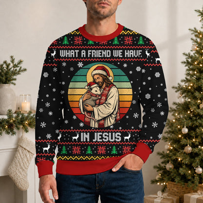 Lifestyle view of a person wearing the Jesus and opossum ugly christmas sweater