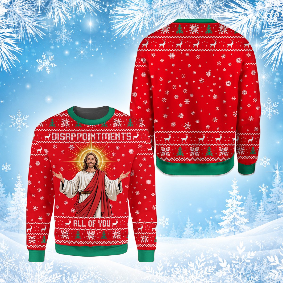 Front detail of the blue faith humor ugly sweater