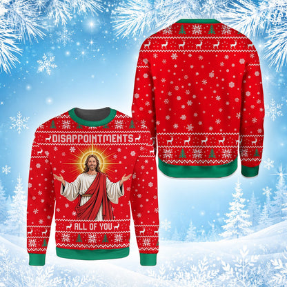 Front detail of the blue faith humor ugly sweater