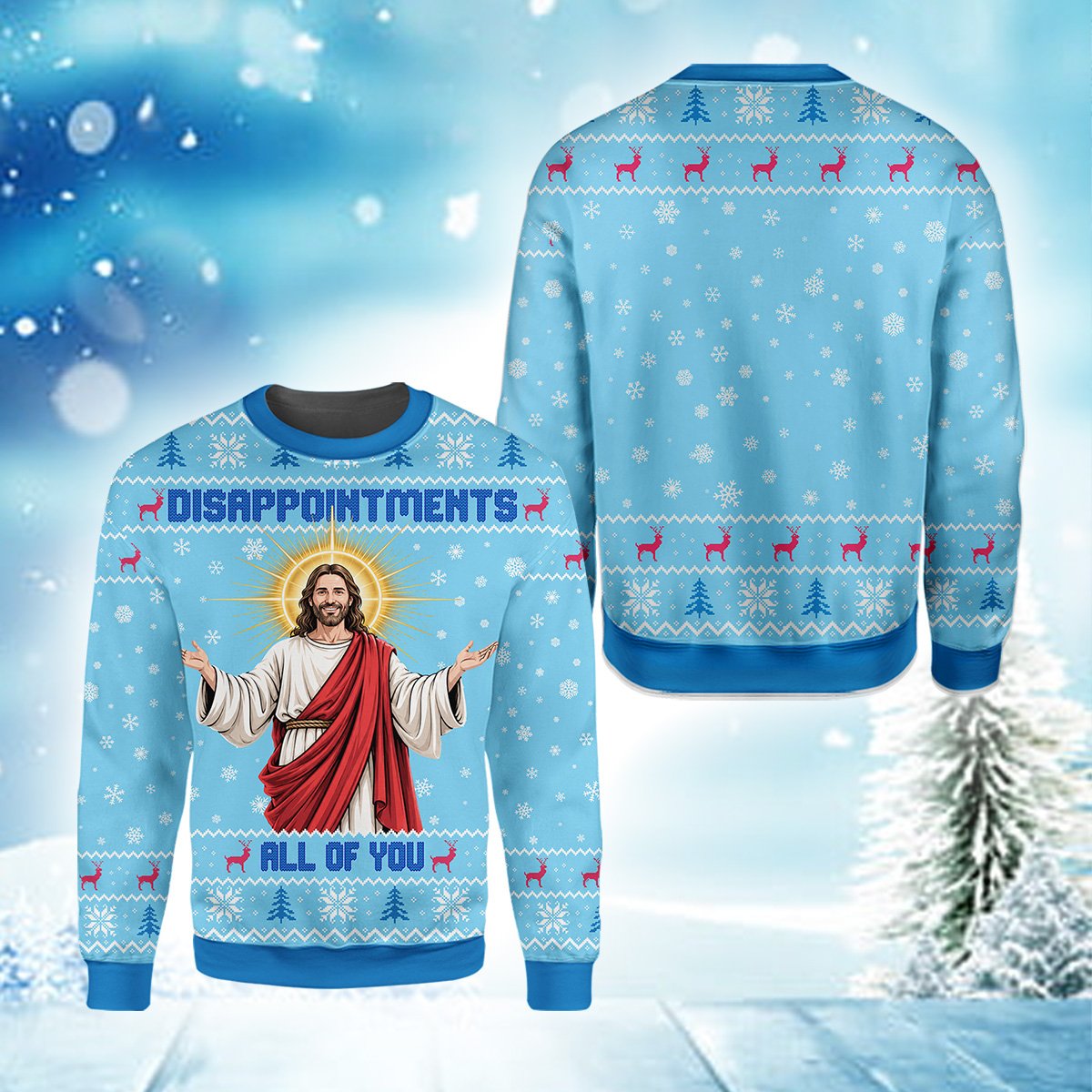 Faith humor ugly sweater in blue featuring funny Jesus design, main front view