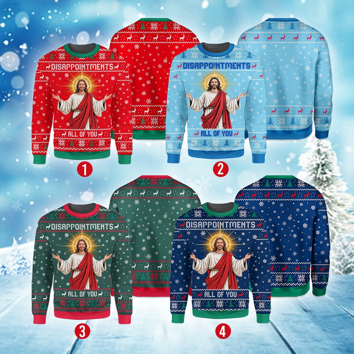 Front detail of the green faith humor ugly sweater showing collar and pattern