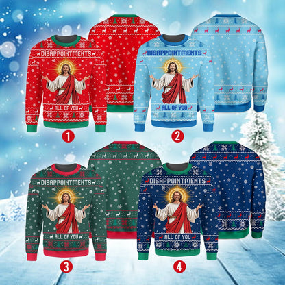 Front detail of the green faith humor ugly sweater showing collar and pattern